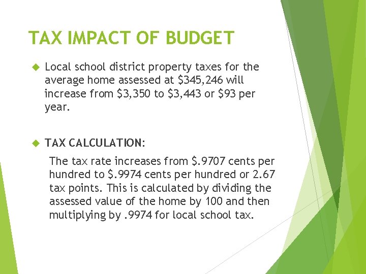 TAX IMPACT OF BUDGET Local school district property taxes for the average home assessed