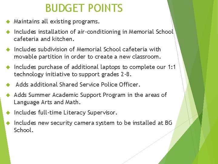 BUDGET POINTS Maintains all existing programs. Includes installation of air-conditioning in Memorial School cafeteria