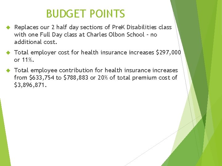 BUDGET POINTS Replaces our 2 half day sections of Pre. K Disabilities class with