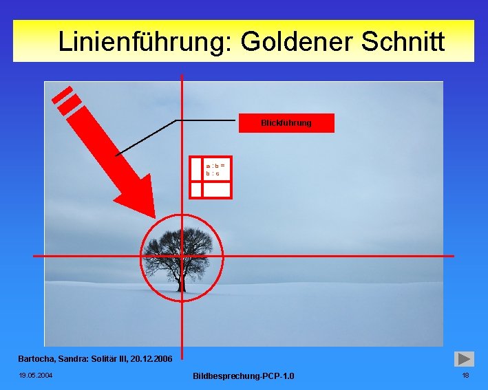 Linienführung: Goldener Schnitt Blickführung a: b= b: c Bartocha, Sandra: Solitär III, 20. 12.