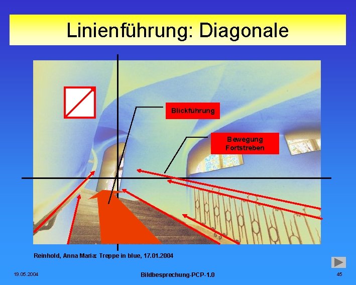 Linienführung: Diagonale Blickführung Bewegung Fortstreben Reinhold, Anna Maria: Treppe in blue, 17. 01. 2004