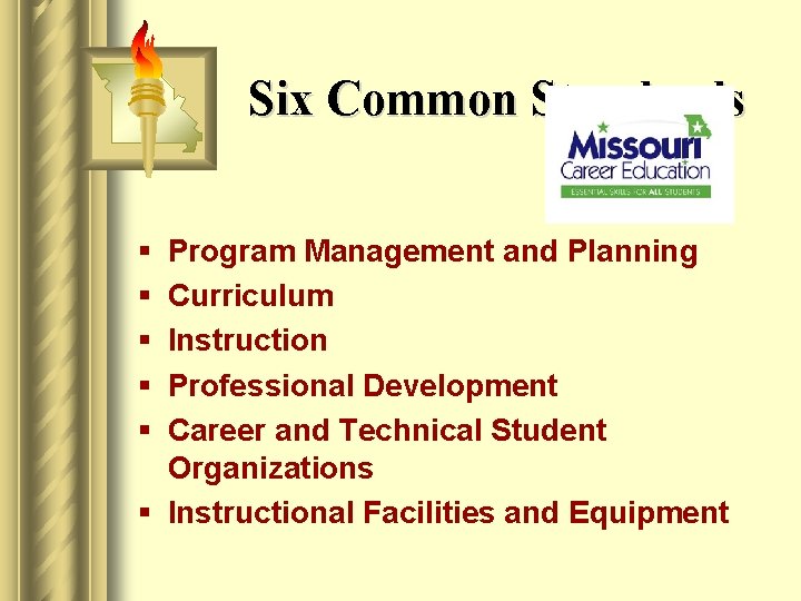 Six Common Standards § § § Program Management and Planning Curriculum Instruction Professional Development