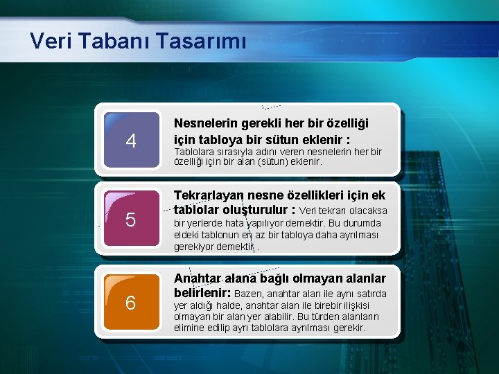 Veri Tabanı Tasarımı 4 5 6 Nesnelerin gerekli her bir özelliği için tabloya bir