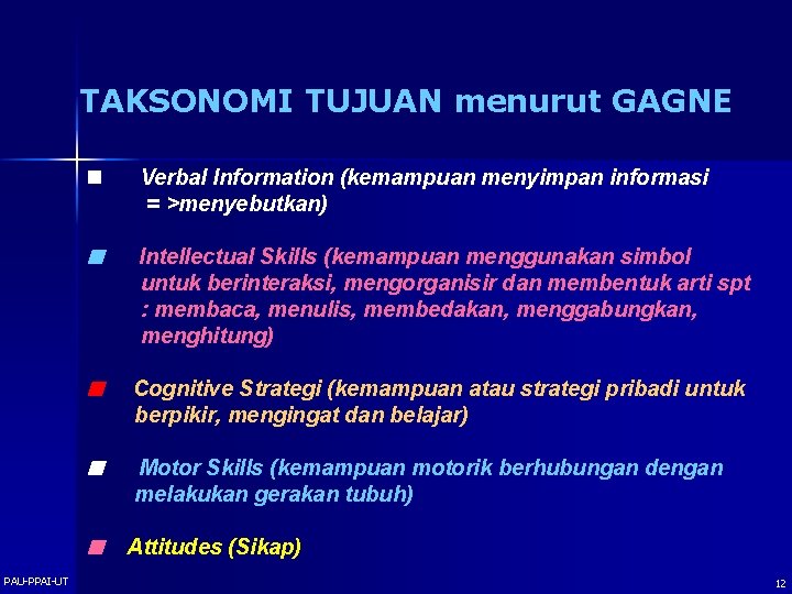 TAKSONOMI TUJUAN menurut GAGNE n Verbal Information (kemampuan menyimpan informasi = >menyebutkan) Intellectual Skills