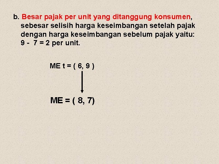 b. Besar pajak per unit yang ditanggung konsumen, sebesar selisih harga keseimbangan setelah pajak
