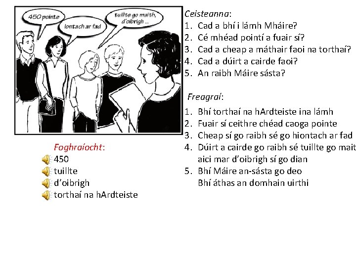 Ceisteanna: 1. Cad a bhí i lámh Mháire? 2. Cé mhéad pointí a fuair