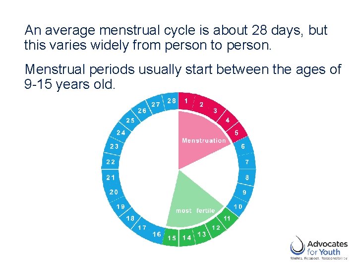 An average menstrual cycle is about 28 days, but this varies widely from person