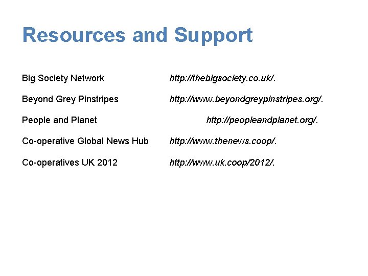 Resources and Support Big Society Network http: //thebigsociety. co. uk/. Beyond Grey Pinstripes http: