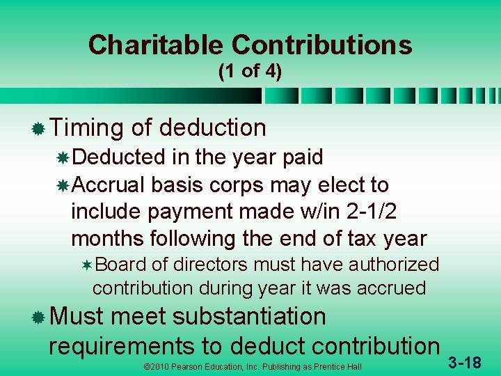 Charitable Contributions (1 of 4) ® Timing of deduction Deducted in the year paid