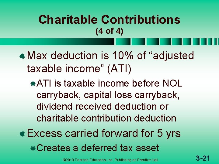 Charitable Contributions (4 of 4) ® Max deduction is 10% of “adjusted taxable income”