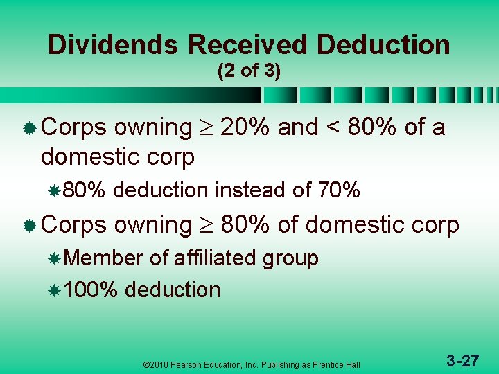 Dividends Received Deduction (2 of 3) owning 20% and < 80% of a domestic