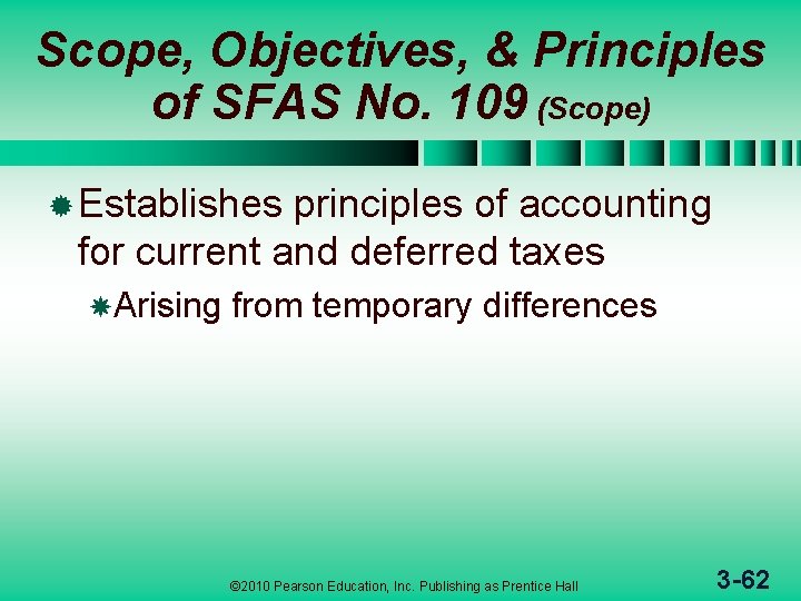 Scope, Objectives, & Principles of SFAS No. 109 (Scope) ® Establishes principles of accounting