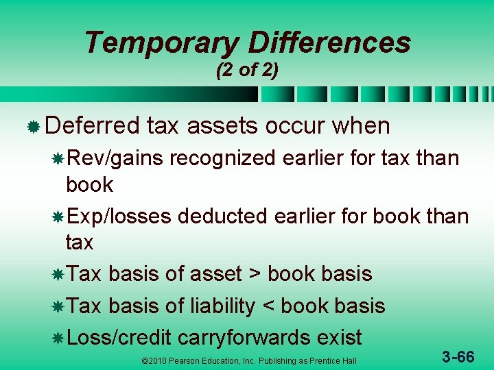 Temporary Differences (2 of 2) ® Deferred tax assets occur when Rev/gains recognized earlier