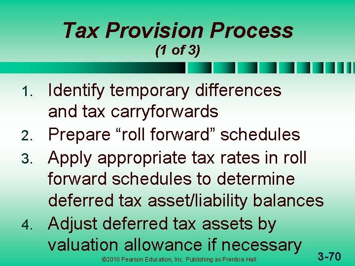 Tax Provision Process (1 of 3) Identify temporary differences and tax carryforwards 2. Prepare