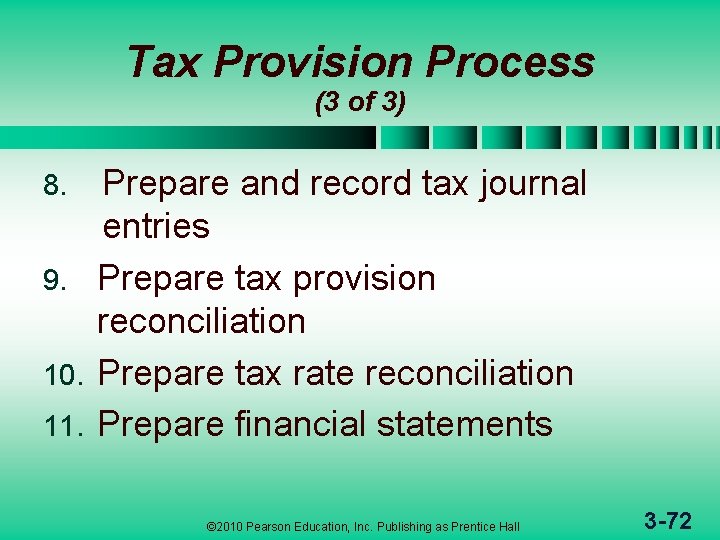 Tax Provision Process (3 of 3) Prepare and record tax journal entries 9. Prepare