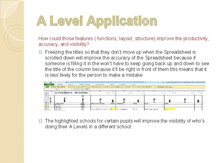 A Level Application How could those features ( functions, layout, structure) improve the productivity,