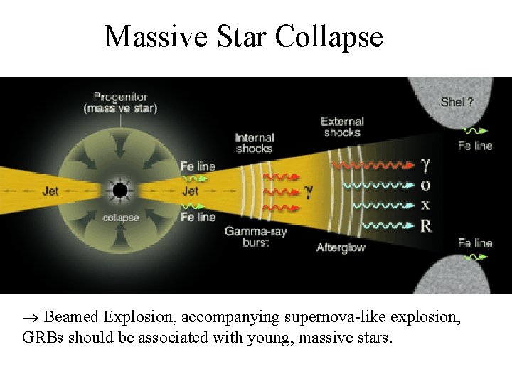 Massive Star Collapse Beamed Explosion, accompanying supernova-like explosion, GRBs should be associated with young,