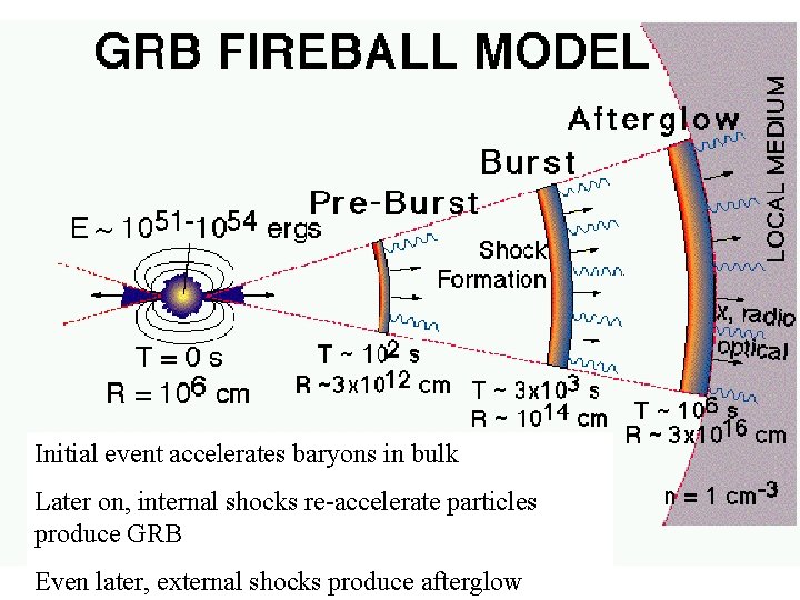 Fireball Model Initial event accelerates baryons in bulk Later on, internal shocks re-accelerate particles