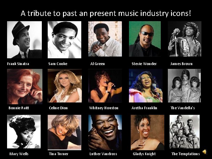 A tribute to past an present music industry icons! Frank Sinatra Sam Cooke Al
