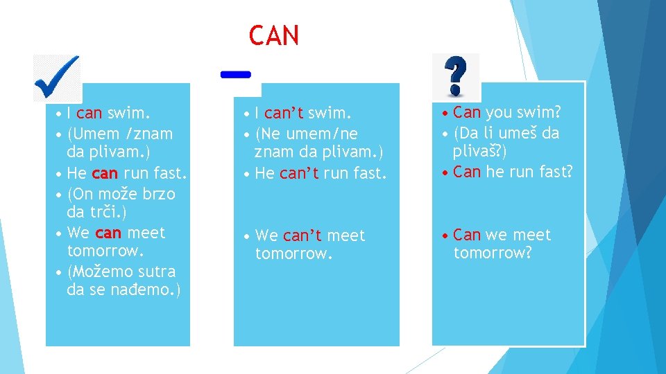 CAN • I can swim. • (Umem /znam da plivam. ) • He can