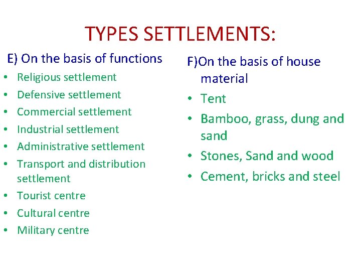 TYPES SETTLEMENTS: E) On the basis of functions Religious settlement Defensive settlement Commercial settlement