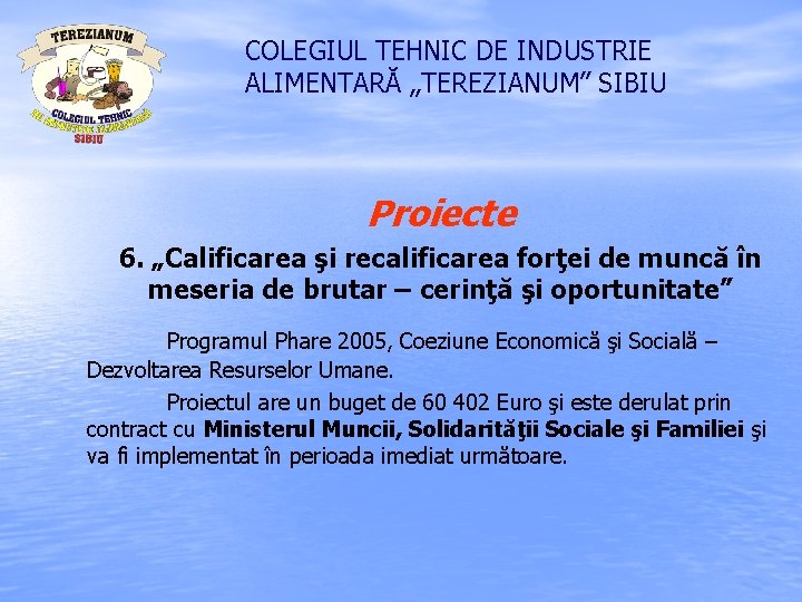 COLEGIUL TEHNIC DE INDUSTRIE ALIMENTARĂ „TEREZIANUM” SIBIU Proiecte 6. „Calificarea şi recalificarea forţei de