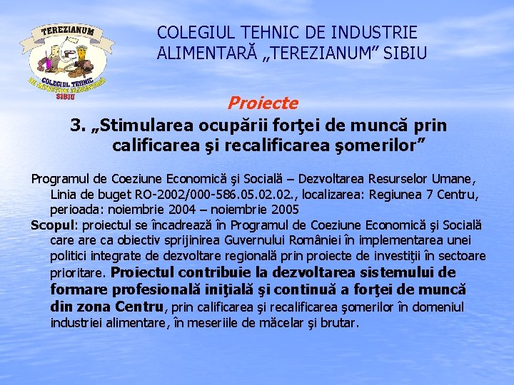 COLEGIUL TEHNIC DE INDUSTRIE ALIMENTARĂ „TEREZIANUM” SIBIU Proiecte 3. „Stimularea ocupării forţei de muncă