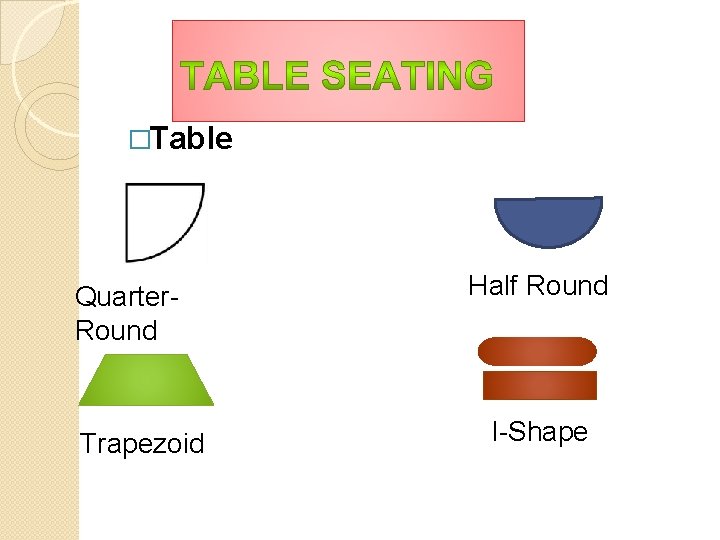 �Table Quarter. Round Trapezoid Half Round I-Shape 