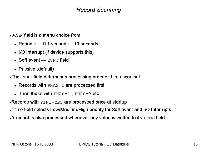 Record Scanning SCAN field is a menu choice from Periodic — 0. 1 seconds.