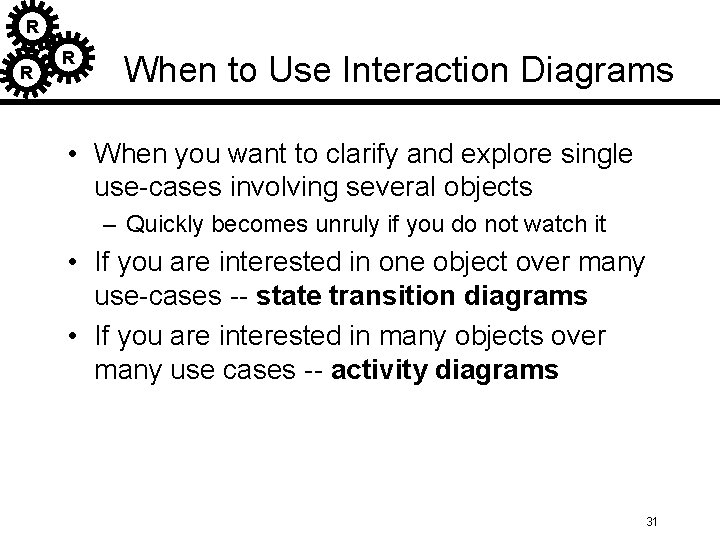 R R R When to Use Interaction Diagrams • When you want to clarify R R R When to Use Interaction Diagrams • When you want to clarify
