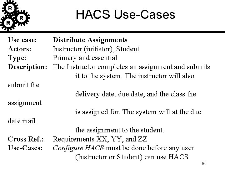 R R R Use case: Actors: Type: Description: HACS Use-Cases Distribute Assignments Instructor (initiator), R R R Use case: Actors: Type: Description: HACS Use-Cases Distribute Assignments Instructor (initiator),