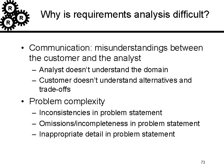 R R R Why is requirements analysis difficult? • Communication: misunderstandings between the customer R R R Why is requirements analysis difficult? • Communication: misunderstandings between the customer