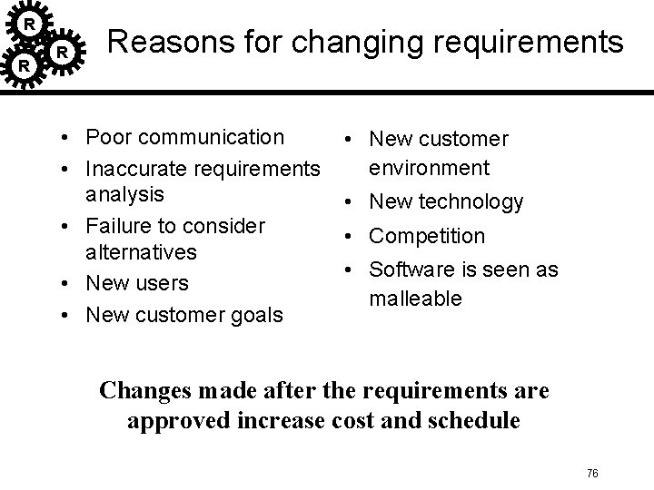 R R R Reasons for changing requirements • Poor communication • Inaccurate requirements analysis R R R Reasons for changing requirements • Poor communication • Inaccurate requirements analysis
