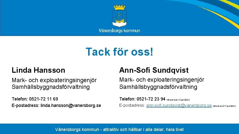 Tack för oss! Linda Hansson Ann-Sofi Sundqvist Mark- och exploateringsingenjör Samhällsbyggnadsförvaltning Telefon: 0521 -72