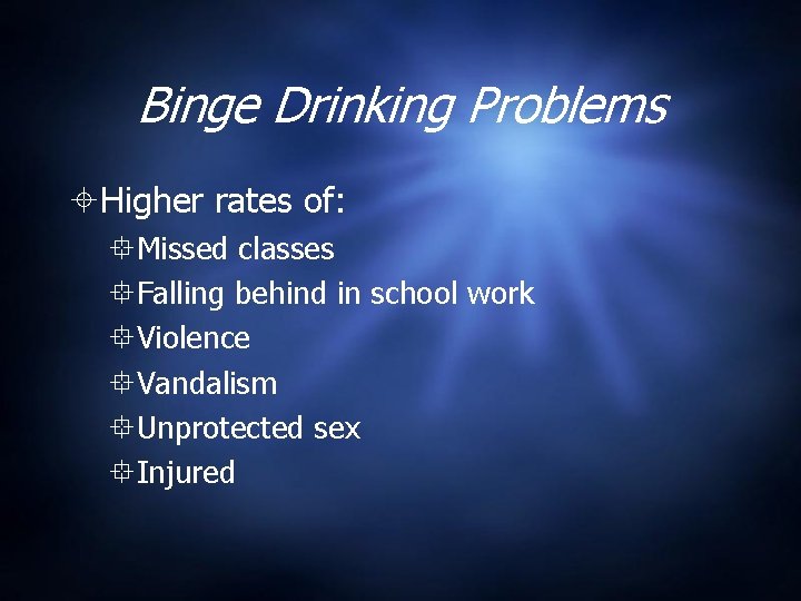 Binge Drinking Problems Higher rates of: Missed classes Falling behind in school work Violence