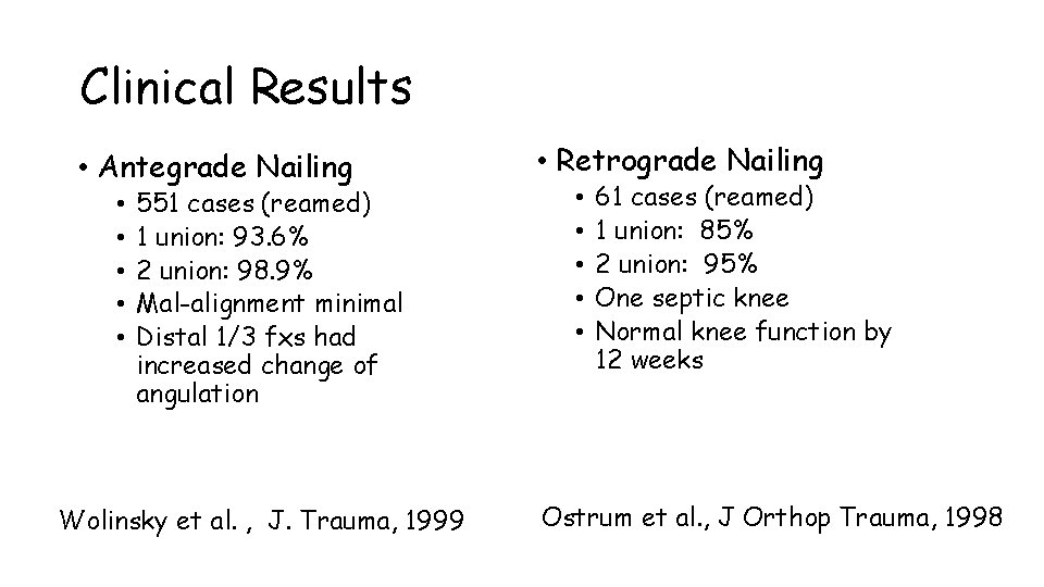 Clinical Results • Antegrade Nailing • • • 551 cases (reamed) 1 union: 93.