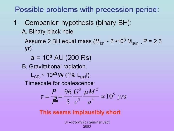Possible problems with precession period: 1. Companion hypothesis (binary BH): A. Binary black hole
