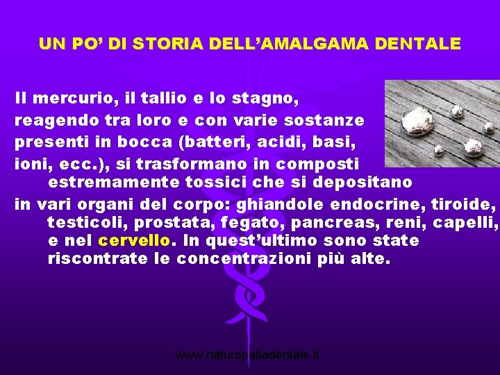 UN PO’ DI STORIA DELL’AMALGAMA DENTALE Il mercurio, il tallio e lo stagno, reagendo