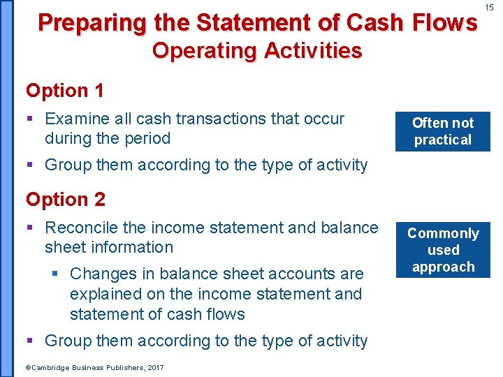 Preparing the Statement of Cash Flows Operating Activities Option 1 § Examine all cash