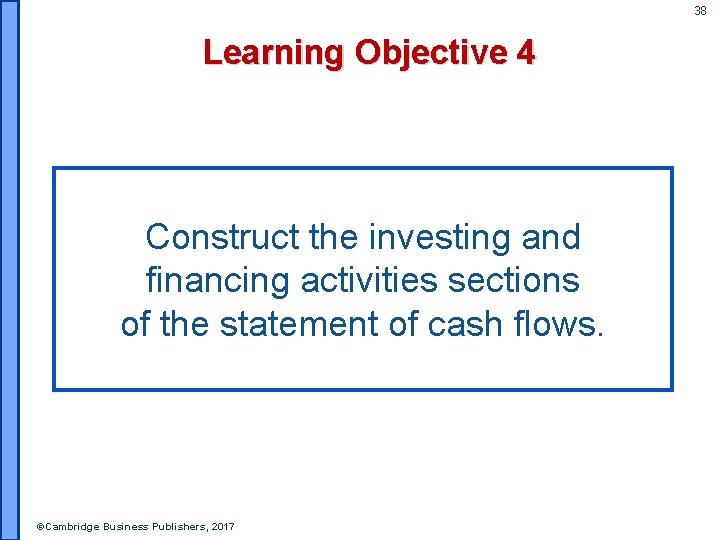 38 Learning Objective 4 Construct the investing and financing activities sections of the statement