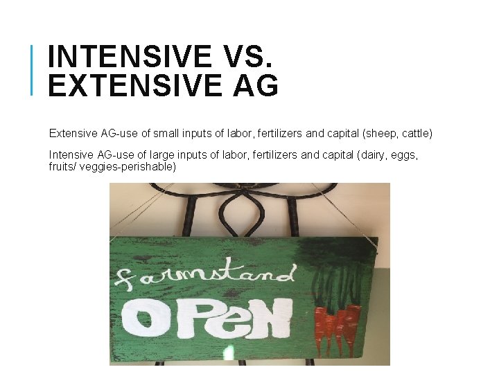 INTENSIVE VS. EXTENSIVE AG Extensive AG-use of small inputs of labor, fertilizers and capital