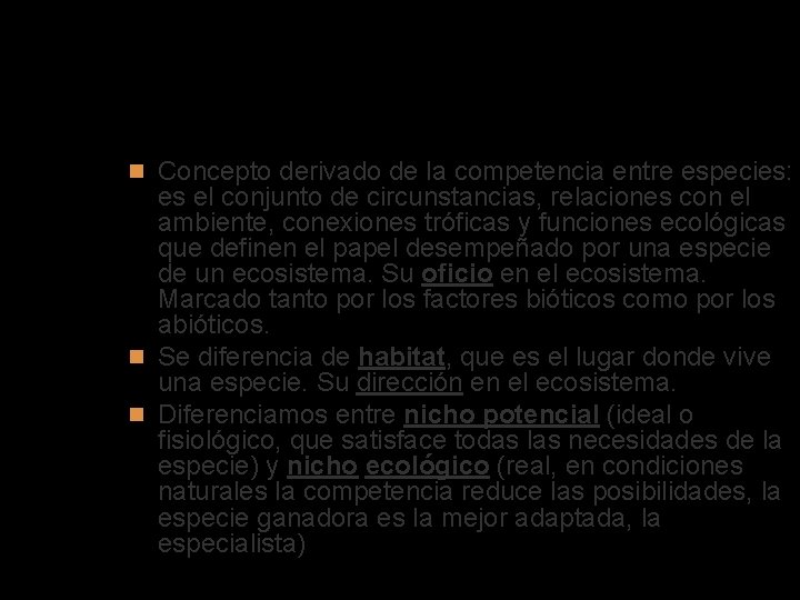 Nicho ecológico Concepto derivado de la competencia entre especies: es el conjunto de circunstancias,