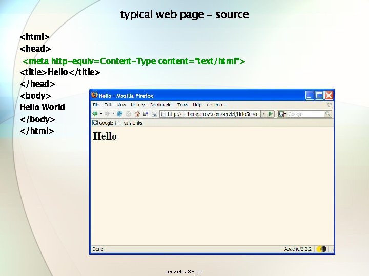 typical web page – source <html> <head> <meta http-equiv=Content-Type content="text/html”> <title>Hello</title> </head> <body> Hello typical web page – source <html> <head> <meta http-equiv=Content-Type content="text/html”> <title>Hello</title> </head> <body> Hello