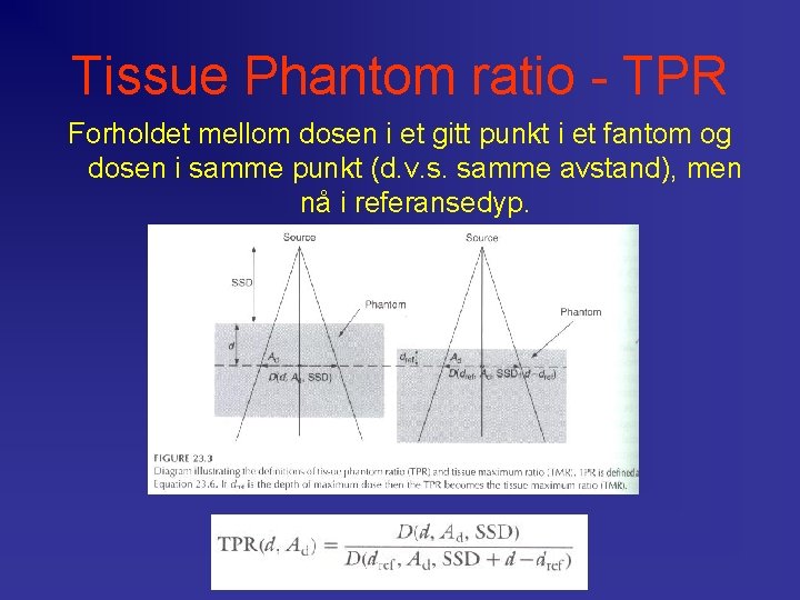Tissue Phantom ratio - TPR Forholdet mellom dosen i et gitt punkt i et