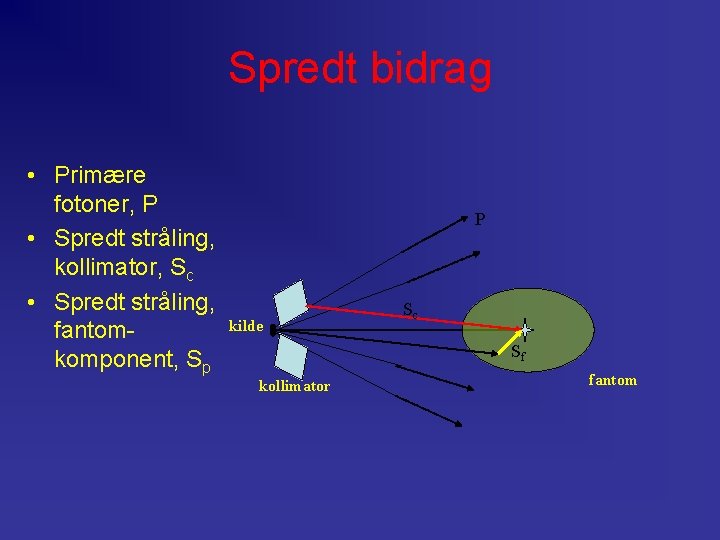 Spredt bidrag • Primære fotoner, P • Spredt stråling, kollimator, Sc • Spredt stråling,