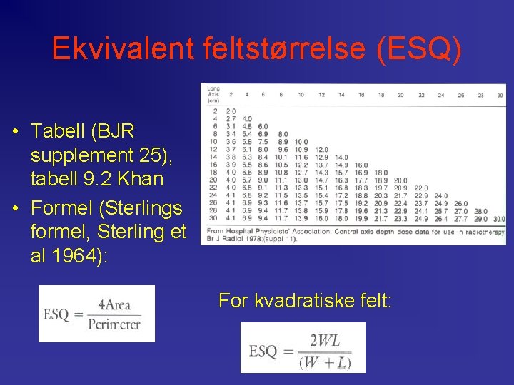 Ekvivalent feltstørrelse (ESQ) • Tabell (BJR supplement 25), tabell 9. 2 Khan • Formel