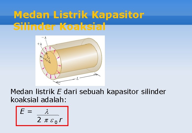 Medan Listrik Kapasitor Silinder Koaksial Medan listrik E dari sebuah kapasitor silinder koaksial adalah: