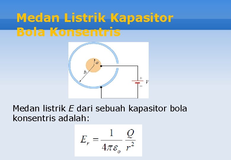 Medan Listrik Kapasitor Bola Konsentris Medan listrik E dari sebuah kapasitor bola konsentris adalah: