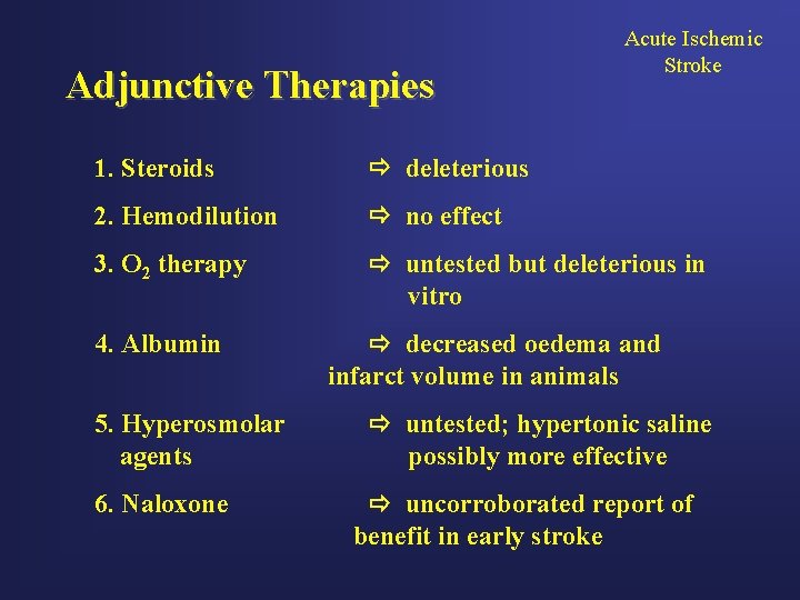 Adjunctive Therapies Acute Ischemic Stroke 1. Steroids deleterious 2. Hemodilution no effect 3. O