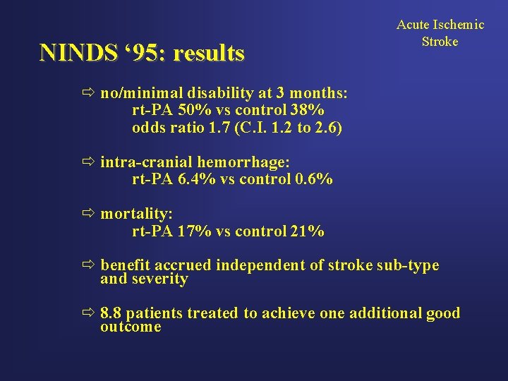 NINDS ‘ 95: results Acute Ischemic Stroke ð no/minimal disability at 3 months: rt-PA